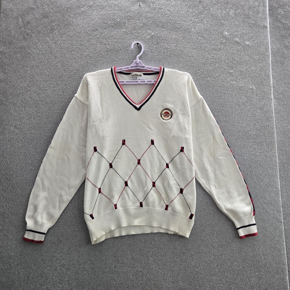 VINTAGE La Mode Men Sweater XL White Embroidered Diamond Golf Patch Old Money